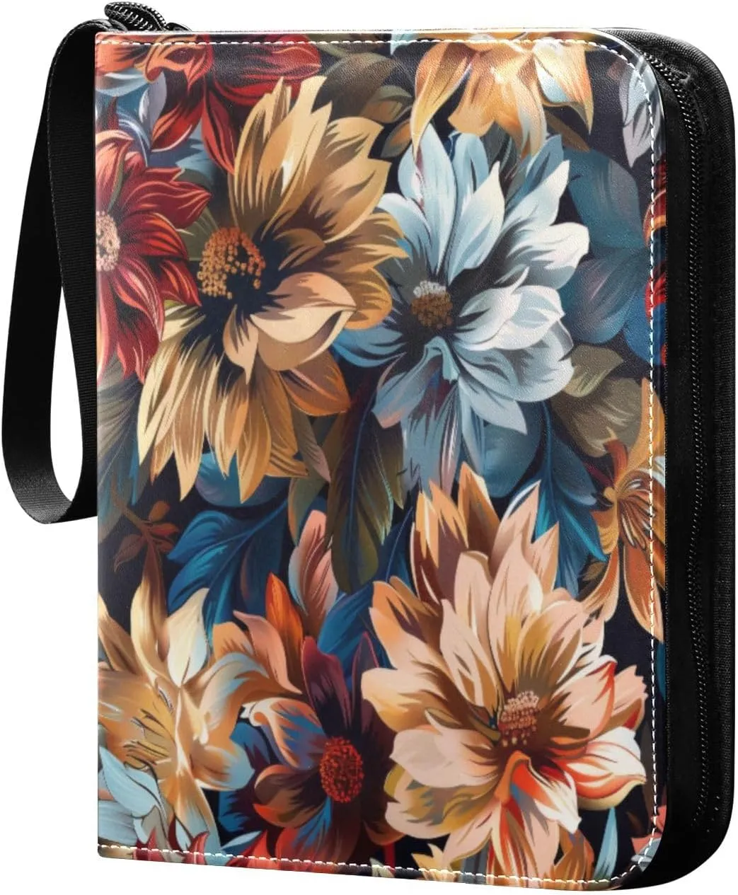 Colorful Flowers Card Binder 4-Pocket, 400 Pockets PU Waterproof Zippered Collector Card Album with 50 Removable Sleeves for Trading, Game Cards