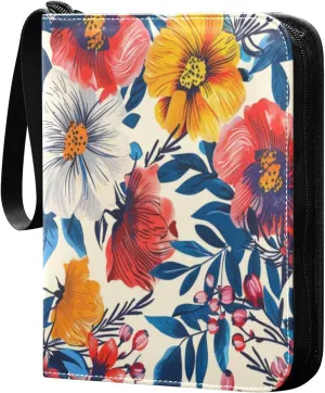 Colorful Flowers Card Binder 4-Pocket, 400 Pockets PU Waterproof Zippered Collector Card Album with 50 Removable Sleeves for Trading, Game Cards