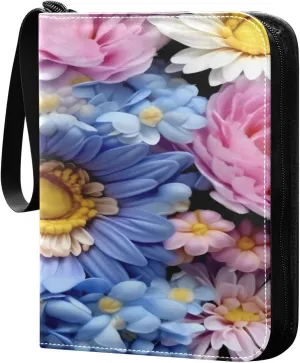 Colorful Flowers Collectible Trading Card Albums,4-Pocket Card Binder with 50 Removable Sleeves with Zipper Game Card Collection Binder Album Holder