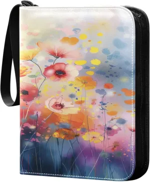 Colorful Flowers Collectible Trading Card Albums,4-Pocket Card Binder with 50 Removable Sleeves with Zipper Game Card Collection Binder Album Holder
