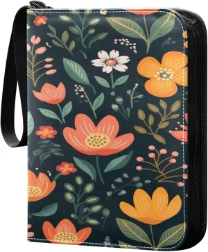 Colorful Flowers Collectible Trading Card Albums,4-Pocket Card Binder with 50 Removable Sleeves with Zipper Game Card Collection Binder Album Holder