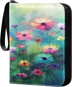 Colorful Flowers Painting Card Binder 4-Pocket, 400 Pockets PU Waterproof Zippered Collector Card Album with 50 Removable Sleeves for Trading, Game Cards