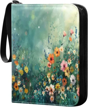 Colorful Flowers Painting Card Binder 4-Pocket, 400 Pockets PU Waterproof Zippered Collector Card Album with 50 Removable Sleeves for Trading, Game Cards