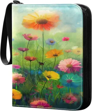 Colorful Flowers Painting Card Binder 4-Pocket, 400 Pockets PU Waterproof Zippered Collector Card Album with 50 Removable Sleeves for Trading, Game Cards