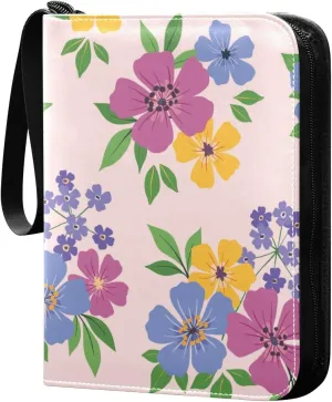 Colorful Flowers Tiny Leaves Card Binder, 4 Pockets Trading Card Binder Holder with 50 Sleeves Holder Album, Card Collection Binder Card Album Book for Football Basketball Baseball Games Sports Cards