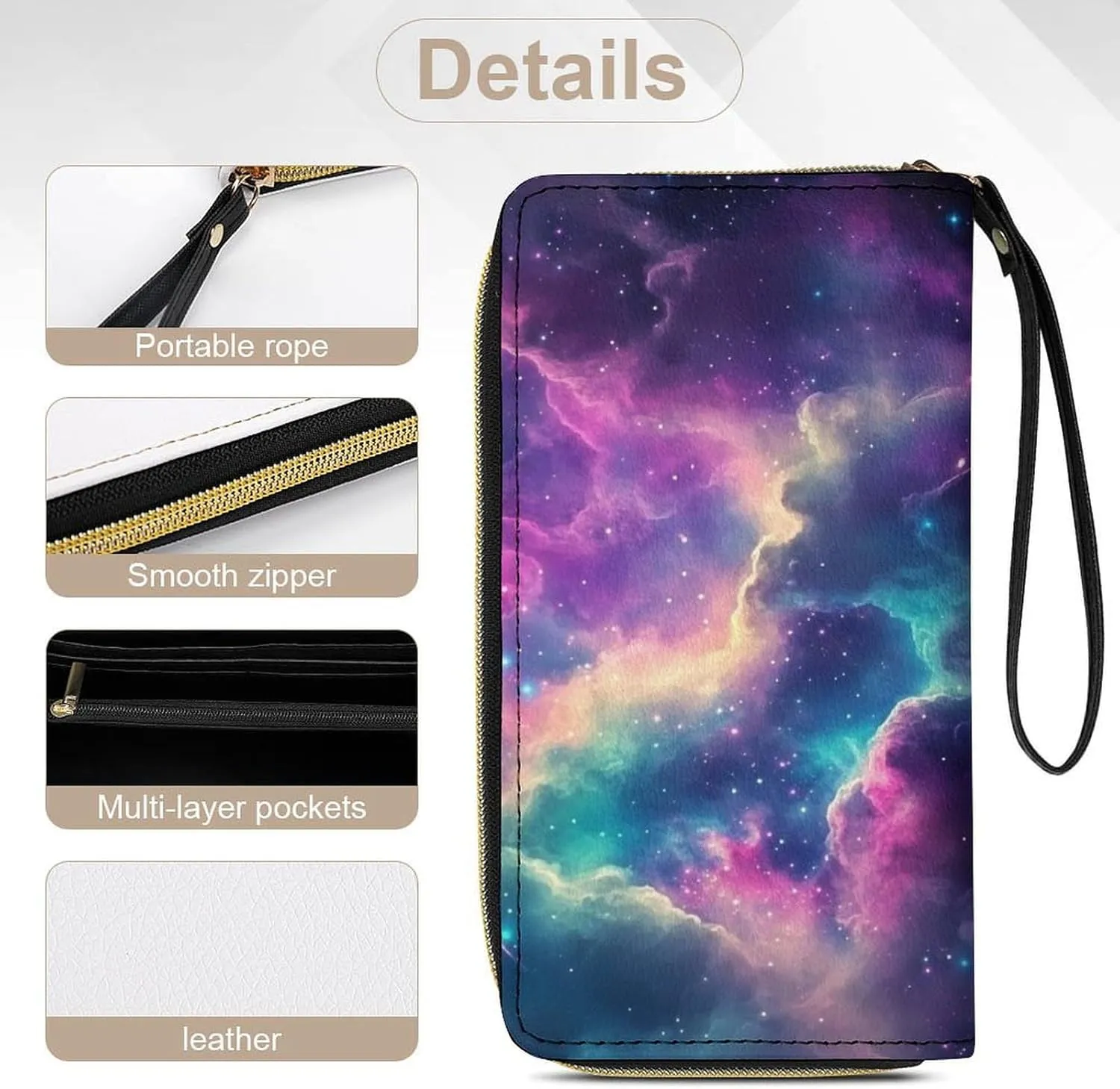 Colorful Galaxy Womens Wallet Star Purse Credit Card Holder Slim Leather Wallet with Coin Pocket Large Capacity Clutch Wallet Lightweight Zipper Wallets Money Bag
