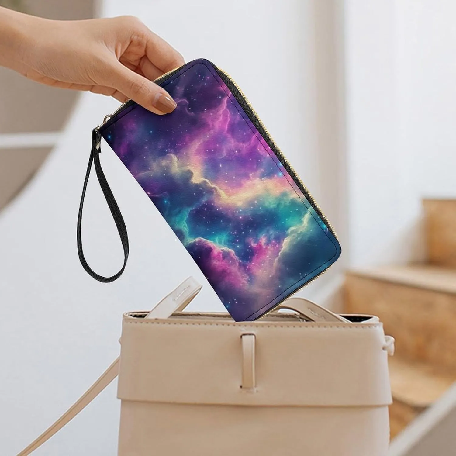 Colorful Galaxy Womens Wallet Star Purse Credit Card Holder Slim Leather Wallet with Coin Pocket Large Capacity Clutch Wallet Lightweight Zipper Wallets Money Bag
