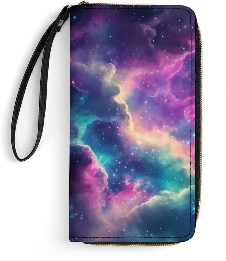 Colorful Galaxy Womens Wallet Star Purse Credit Card Holder Slim Leather Wallet with Coin Pocket Large Capacity Clutch Wallet Lightweight Zipper Wallets Money Bag