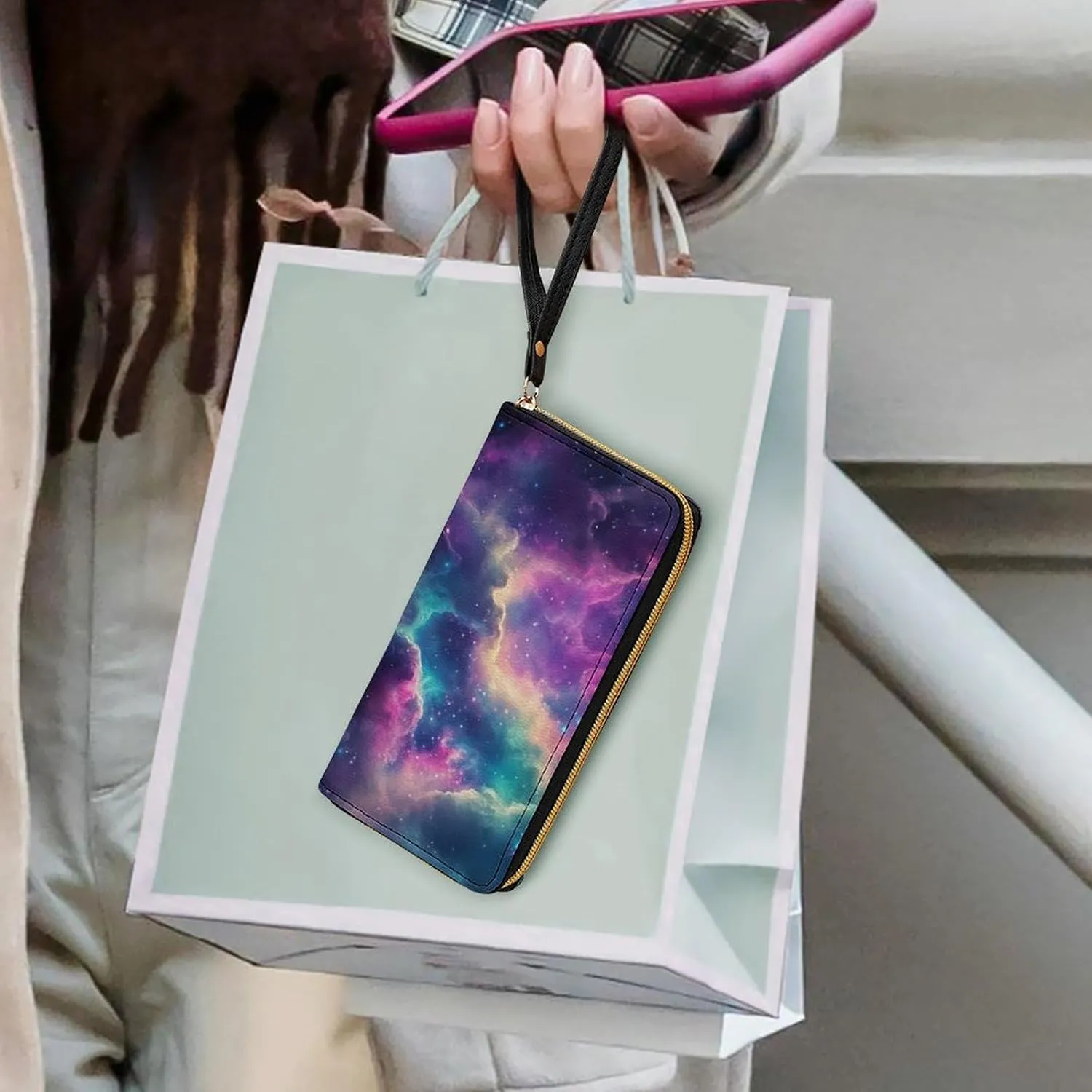 Colorful Galaxy Womens Wallet Star Purse Credit Card Holder Slim Leather Wallet with Coin Pocket Large Capacity Clutch Wallet Lightweight Zipper Wallets Money Bag