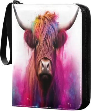 Colorful Highland Cattle Card Binder 4-Pocket, 400 Pockets PU Waterproof Zippered Collector Card Album with 50 Removable Sleeves for Trading, Game Cards