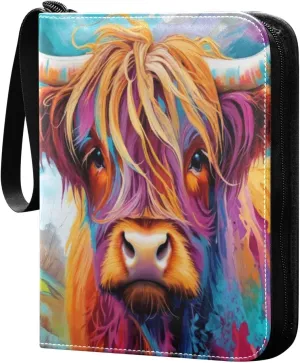 Colorful Highland Cattle Card Binder 4-Pocket, 400 Pockets PU Waterproof Zippered Collector Card Album with 50 Removable Sleeves for Trading, Game Cards