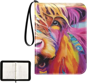 Colorful Highland Cow Collectible Trading Card Albums, Waterproof PU Card Collection Binder Fits 400 Cards with Removable Sleeves for Baseball Card, Football Card
