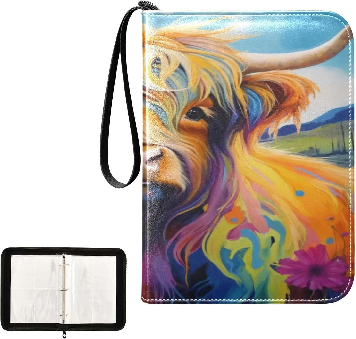 Colorful Highland Cows Collectible Trading Card Albums, Waterproof PU Card Collection Binder Fits 400 Cards with Removable Sleeves for Baseball Card, Football Card