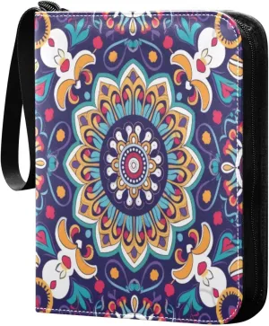 Colorful Mandala Card Binder 4-Pocket, 400 Pockets PU Waterproof Zippered Collector Card Album with 50 Removable Sleeves for Trading, Game Cards