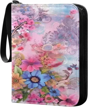 Colorful Modern Floral Card Binder 4-Pocket, 400 Pockets PU Waterproof Zippered Collector Card Album with 50 Removable Sleeves for Trading, Game Cards