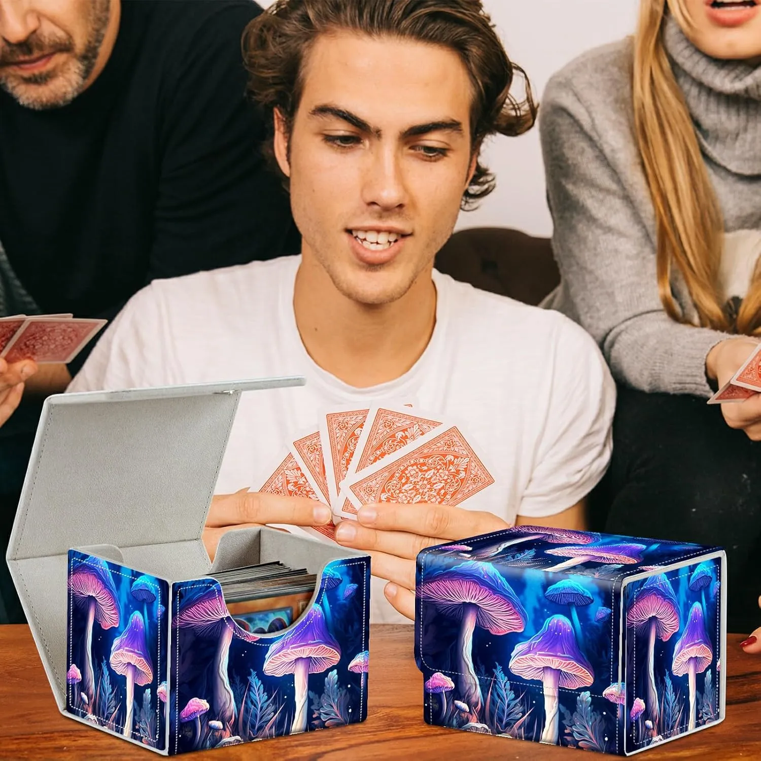 Colorful Mushrooms Theme Turtle Theme Card Deck Box Trading Cards with Strong Magnet Commander Deck Box Storage Magic Premium Case Cover for TCG CCG Magic Cards