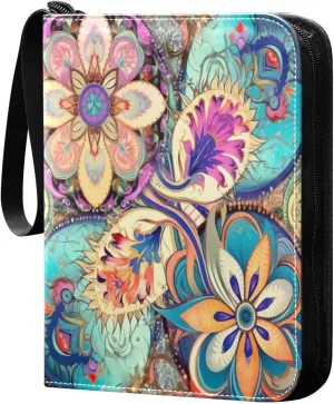 Colorful Oriental Textile Tile Card Binder with 50 Removable Page Sleeves PU Leather Collectible Trading Card Albums Book with Zipper for Games Card,Baseball Cards
