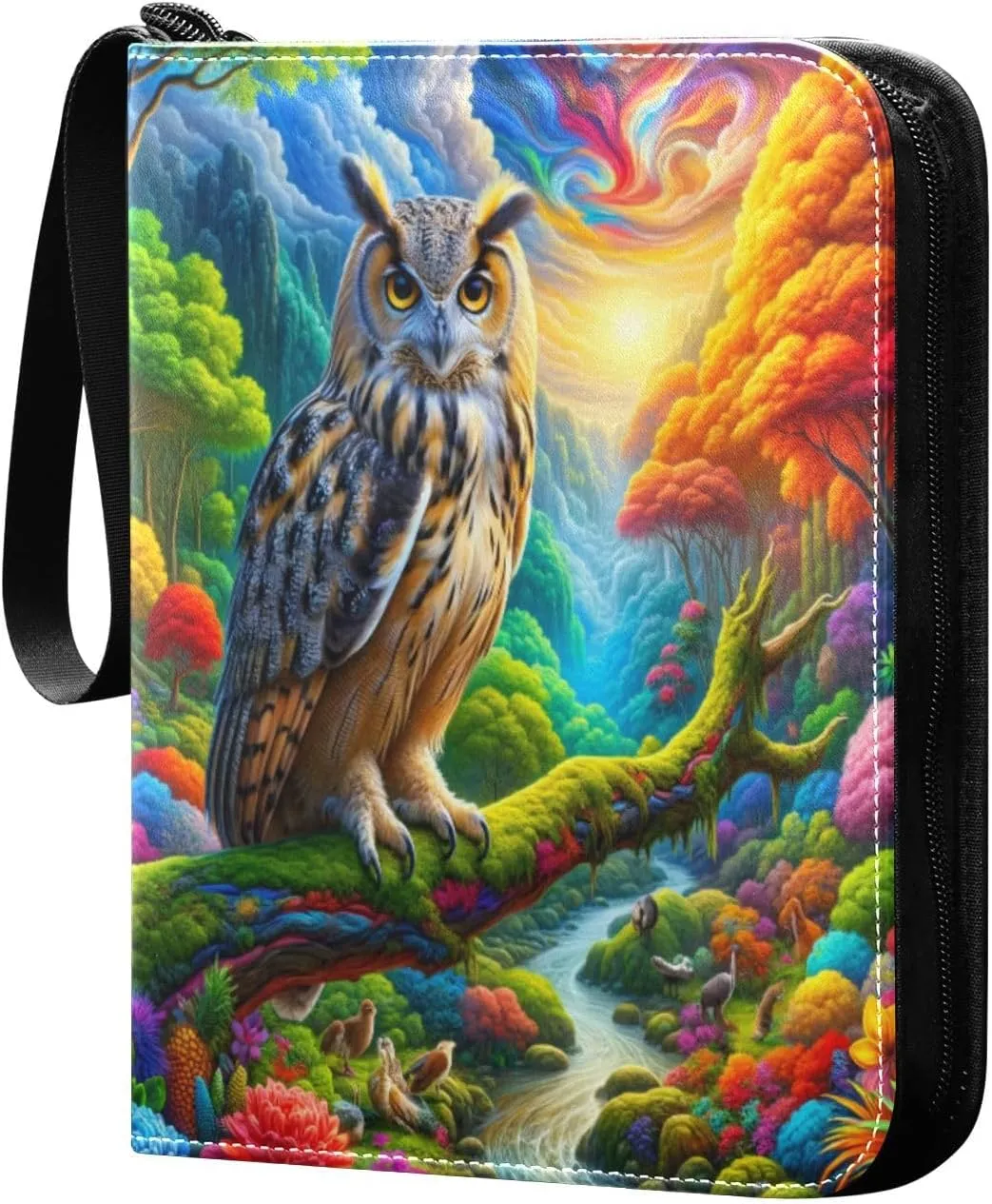 Colorful Owl Environment Card Binder 4-Pocket, 400 Pockets PU Waterproof Zippered Collector Card Album with 50 Removable Sleeves for Trading, Game Cards