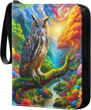 Colorful Owl Environment Card Binder 4-Pocket, 400 Pockets PU Waterproof Zippered Collector Card Album with 50 Removable Sleeves for Trading, Game Cards