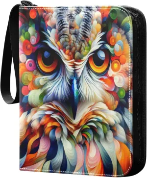 Colorful Owl Portrait Card Binder 4-Pocket, 400 Pockets PU Waterproof Zippered Collector Card Album with 50 Removable Sleeves for Trading, Game Cards