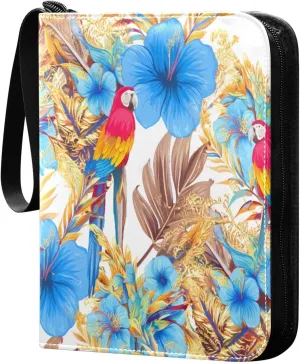 Colorful Parrots Flowers Card Binder 4-Pocket, 400 Pockets PU Waterproof Zippered Collector Card Album with 50 Removable Sleeves for Trading, Game Cards