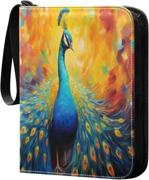 Colorful Peacock Painting Card Binder 4-Pocket, 400 Pockets PU Waterproof Zippered Collector Card Album with 50 Removable Sleeves for Trading, Game Cards