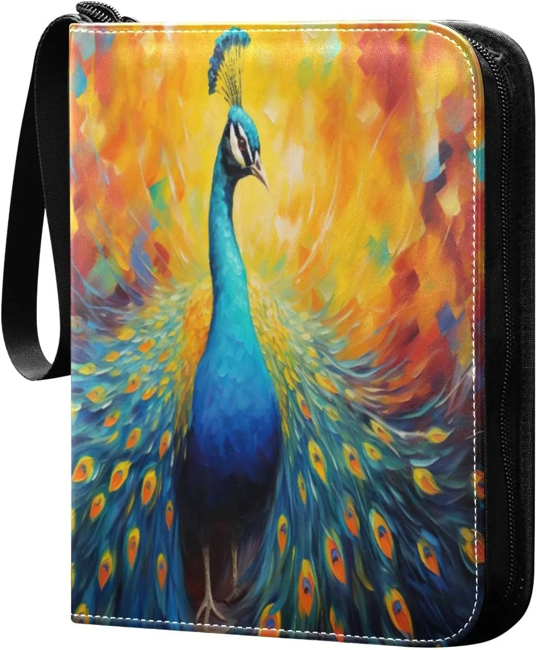 Colorful Peacock Painting Card Binder 4-Pocket, 400 Pockets PU Waterproof Zippered Collector Card Album with 50 Removable Sleeves for Trading, Game Cards