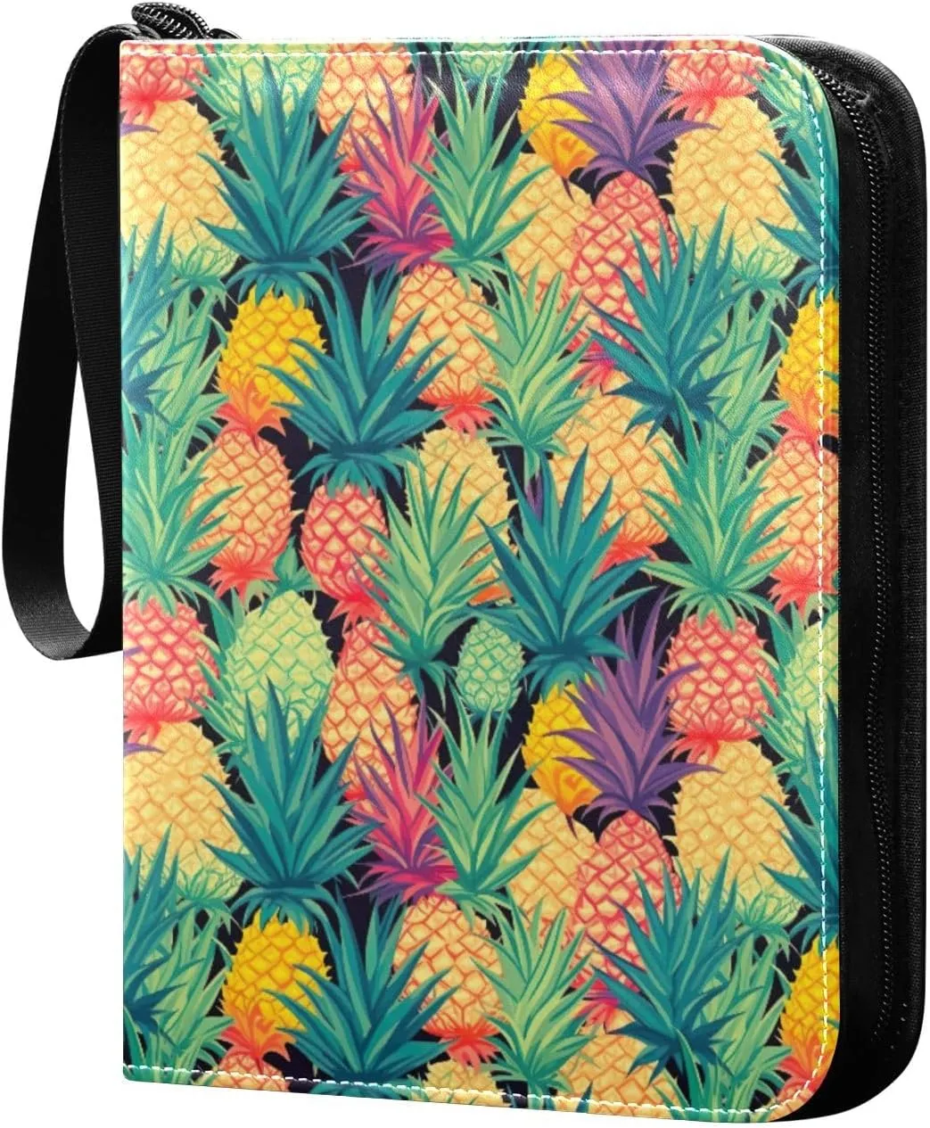 Colorful Pineapples Striped Watermelon Card Binder with 50 Removable Page Sleeves PU Leather Collectible Trading Card Albums Book with Zipper for Games Card,Baseball Cards