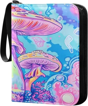 Colorful Psychedelic Mushrooms Card Binder 4-Pocket, 400 Pockets PU Waterproof Zippered Collector Card Album with 50 Removable Sleeves for Trading, Game Cards