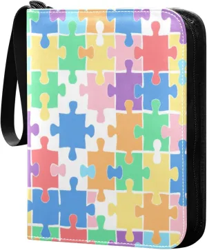 Colorful Puzzle Pieces Collectible Trading Card Albums, Waterproof PU Card Collection Binder Fits 400 Cards with Removable Sleeves for Baseball Card, Football Card