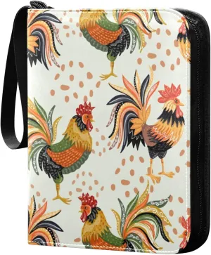 Colorful Roosters Card Binder 400 Pockets 3 Ring Trading Card Album with PU Leather Cover and Zipper