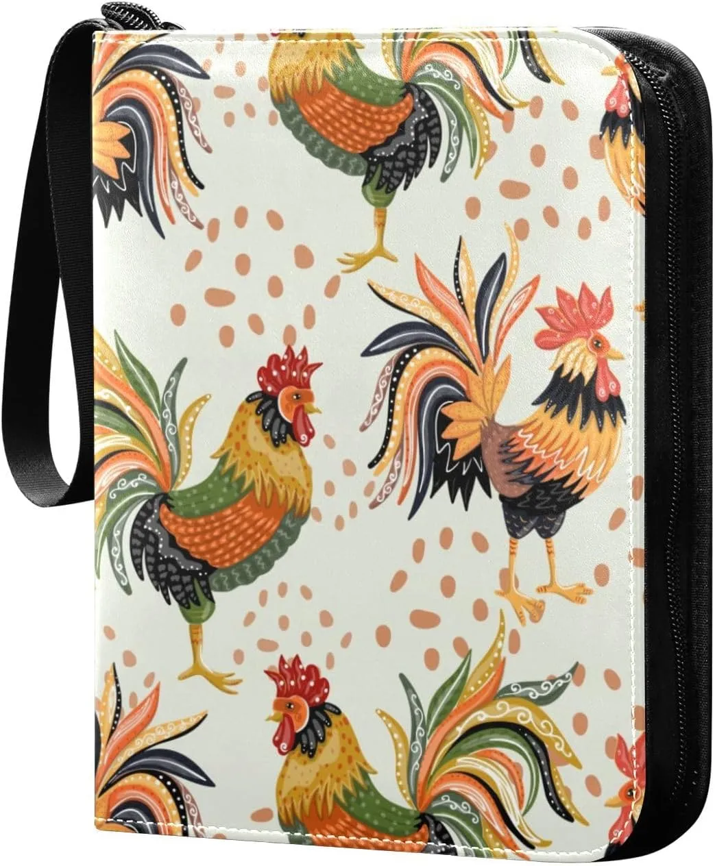 Colorful Roosters Card Binder 400 Pockets 3 Ring Trading Card Album with PU Leather Cover and Zipper