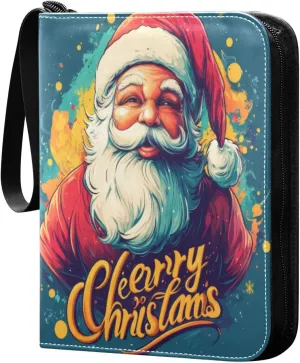 Colorful Santa Claus Card Binder 4-Pocket, 400 Pockets PU Waterproof Zippered Collector Card Album with 50 Removable Sleeves for Trading, Game Cards
