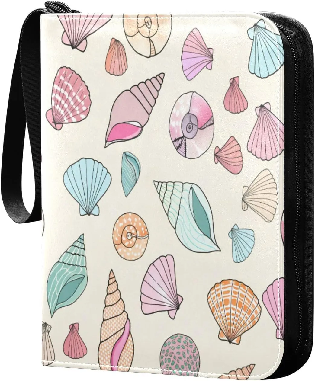 Colorful Seashells Card Binder 4-Pocket, 400 Pockets PU Waterproof Zippered Collector Card Album with 50 Removable Sleeves for Trading, Game Cards