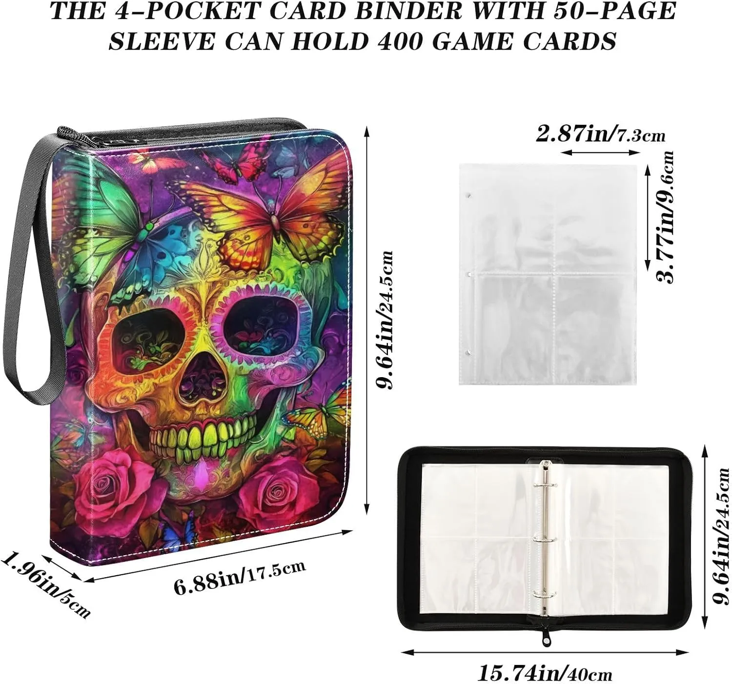 Colorful Skull Roses Collectible Card Binder 4-Pocket Trading Card Organizer Fits 400 Cards for Baseball Card, Football Card