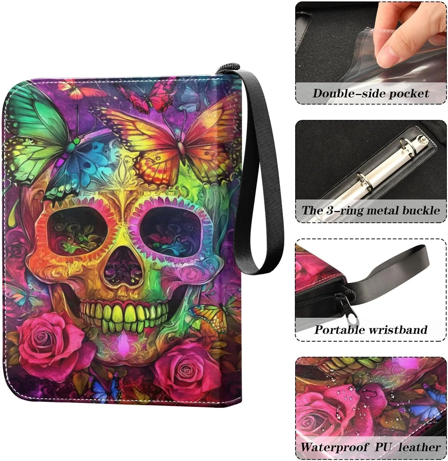 Colorful Skull Roses Collectible Card Binder 4-Pocket Trading Card Organizer Fits 400 Cards for Baseball Card, Football Card