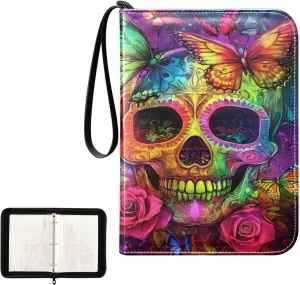 Colorful Skull Roses Collectible Card Binder 4-Pocket Trading Card Organizer Fits 400 Cards for Baseball Card, Football Card
