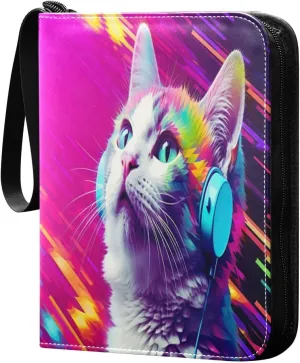 Colorful Space Cat Card Binder with 50 Removable Page Sleeves PU Leather Collectible Trading Card Albums Book with Zipper for Games Card,Baseball Cards