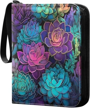 Colorful Succulent Card Binder with 50 Removable Page Sleeves PU Leather Collectible Trading Card Albums Book with Zipper for Games Card,Baseball Cards