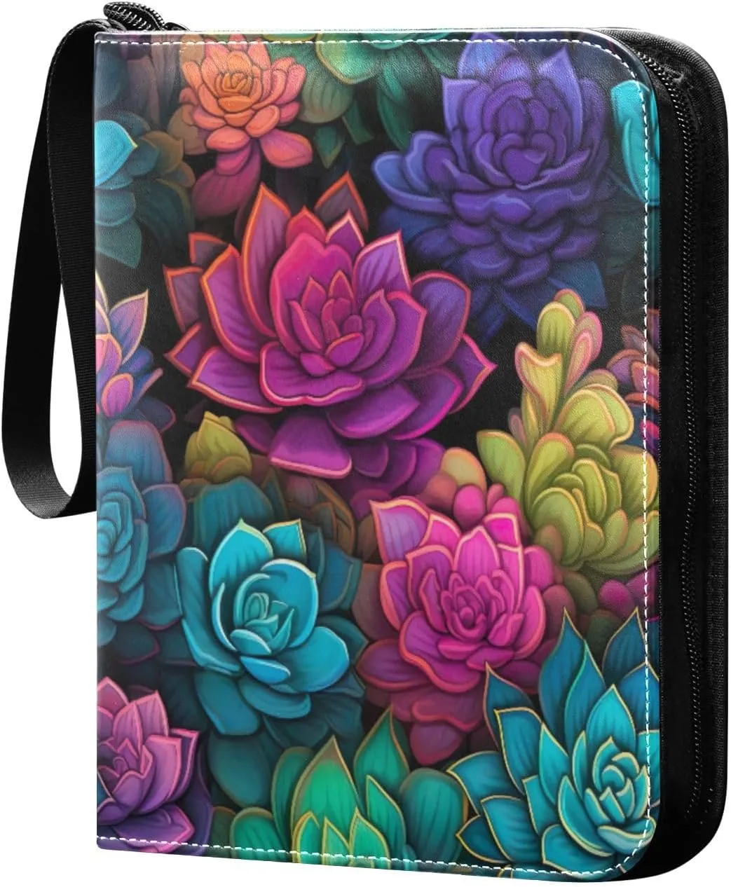 Colorful Succulents Card Binder with 50 Removable Page Sleeves PU Leather Collectible Trading Card Albums Book with Zipper for Games Card,Baseball Cards