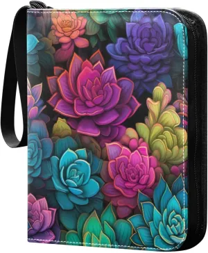 Colorful Succulents Card Binder with 50 Removable Page Sleeves PU Leather Collectible Trading Card Albums Book with Zipper for Games Card,Baseball Cards