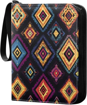 Colorful Tribal Design Card Binder 4-Pocket, 400 Pockets PU Waterproof Zippered Collector Card Album with 50 Removable Sleeves for Trading, Game Cards