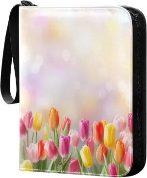 Colorful Tulips Card Binder 4-Pocket, 400 Pockets PU Waterproof Zippered Collector Card Album with 50 Removable Sleeves for Trading, Game Cards