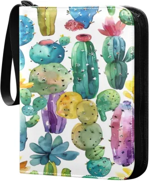 Colorful Watercolor Cactus Card Binder 4-Pocket, 400 Pockets PU Waterproof Zippered Collector Card Album with 50 Removable Sleeves for Trading, Game Cards