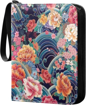 Colorful Wave Floral Card Binder 4-Pocket, 400 Pockets PU Waterproof Zippered Collector Card Album with 50 Removable Sleeves for Trading, Game Cards