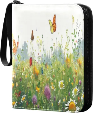 Colorful Wild Flowers (4) Card Binder with 50 Removable Page Sleeves PU Leather Collectible Trading Card Albums Book with Zipper for Games Card,Baseball Cards