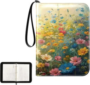 Colorful Wildflowers Collectible Trading Card Albums, Waterproof PU Card Collection Binder Fits 400 Cards with Removable Sleeves for Baseball Card, Football Card