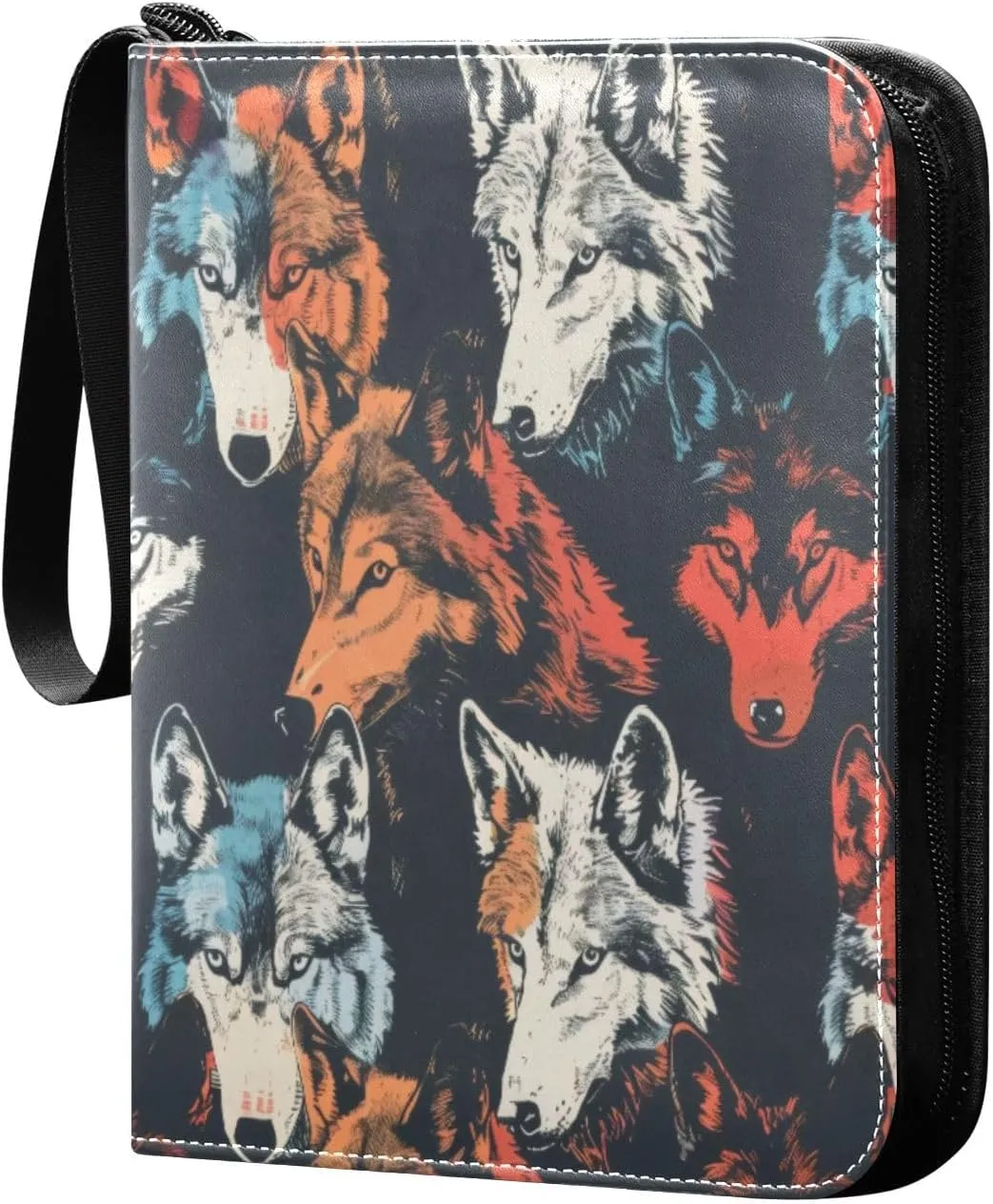 Colorful Wolves Card Binder 4-Pocket, 400 Pockets PU Waterproof Zippered Collector Card Album with 50 Removable Sleeves for Trading, Game Cards