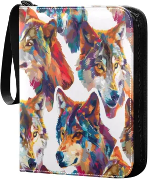 Colorful Wolves Card Binder 4-Pocket, 400 Pockets PU Waterproof Zippered Collector Card Album with 50 Removable Sleeves for Trading, Game Cards