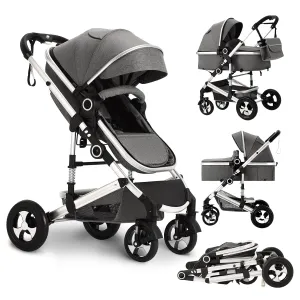 Convertible Baby Stroller, 3 in 1 Folding Infant Stroller, High Landscape Pushchair w/Adjustable Backrest & Canopy, Newborn Bassinet Pram with Foot Cover, Storage Basket, Dark Grey